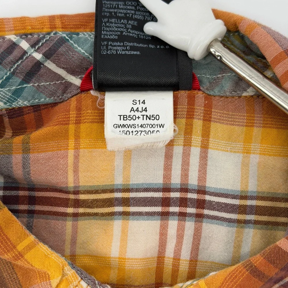 The North Face Plaid Shirt Mens M Orange Yellow Short Sleeve Button Up Pocket